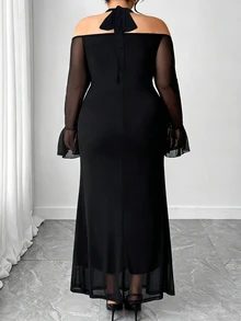 SHEIN CURVE+ Plus Size Women's Elegant Sexy Cold Shoulder Cinched Waist Fitted Long Sheer Mesh Patchwork Halter Neck Dress For Party Formal Cocktail Black Fall - Black - View 2