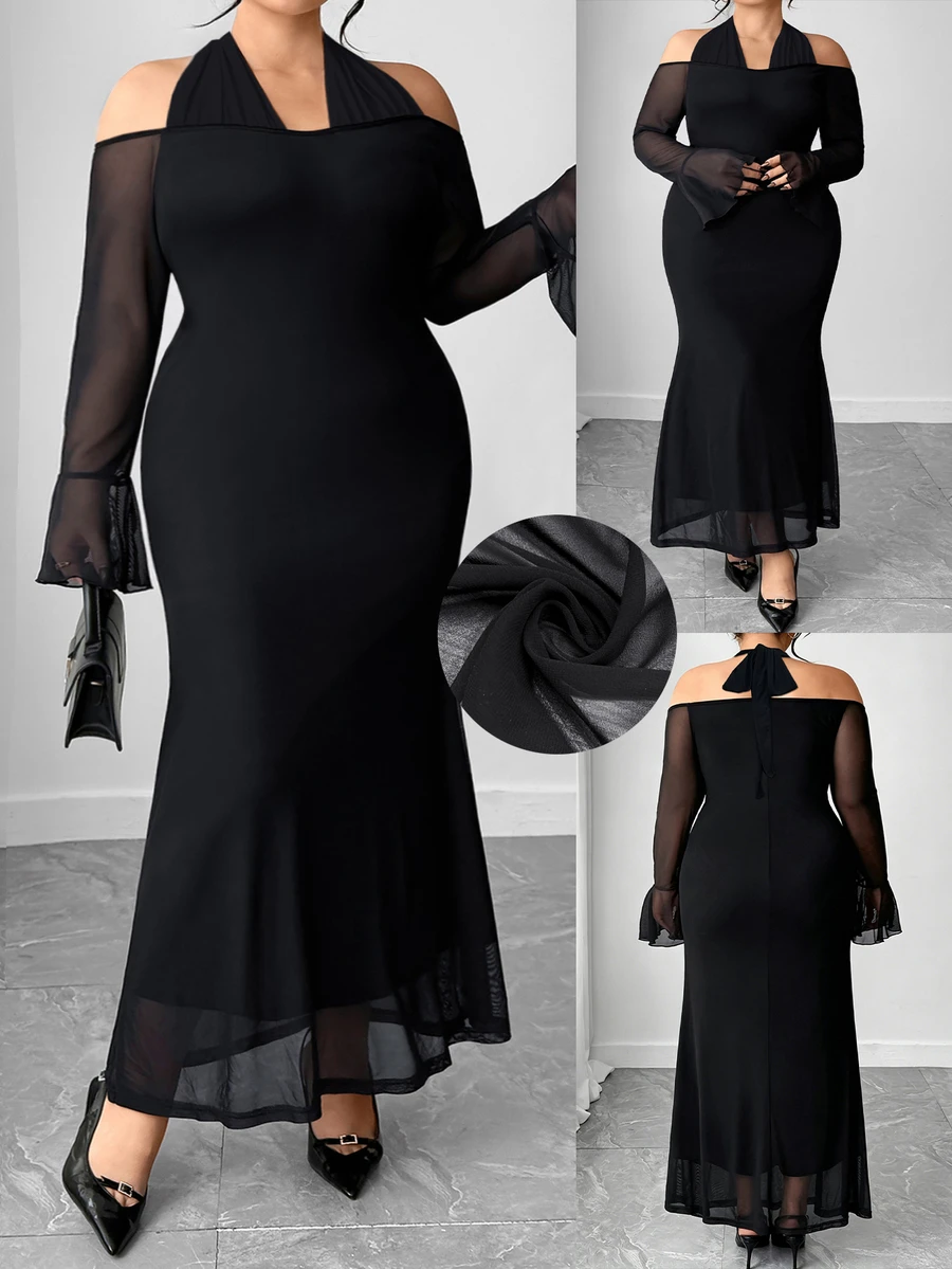 SHEIN CURVE+ Plus Size Women's Elegant Sexy Cold Shoulder Cinched Waist Fitted Long Sheer Mesh Patchwork Halter Neck Dress For Party Formal Cocktail Black Fall - Black - View 1