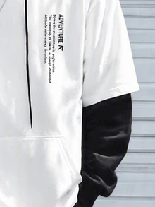 Manfinity Homme 宽松版型男士标语图案二合一连帽衫，带口袋和抽绳字母白色长袖拼色连帽衫，适合朋友、丈夫、男朋友的礼物，秋季 - 白色 - 查看 4