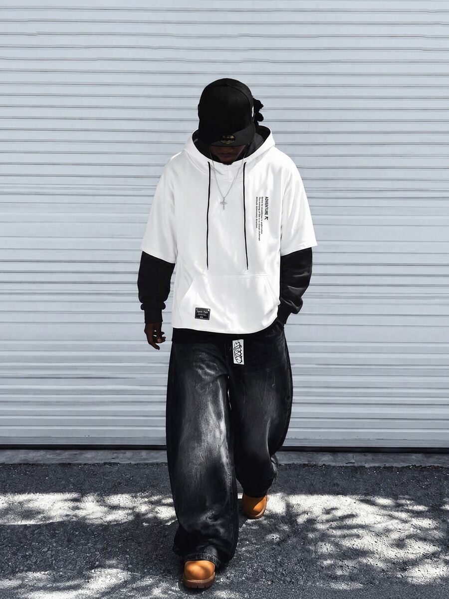 Manfinity Homme 宽松版型男士标语图案二合一连帽衫,带口袋和抽绳字母白色长袖拼色连帽衫,适合朋友、丈夫、男朋友的礼物,秋季 - 白色 - 查看 1