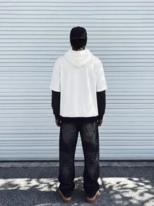 Manfinity Homme 宽松版型男士标语图案二合一连帽衫，带口袋和抽绳字母白色长袖拼色连帽衫，适合朋友、丈夫、男朋友的礼物，秋季 - 白色 - 查看 2