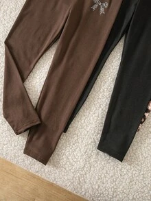 SHEIN 女童針織純色豹紋蝴蝶結圖案修身休閒內搭褲 3件套 - 彩色 - 查看 6