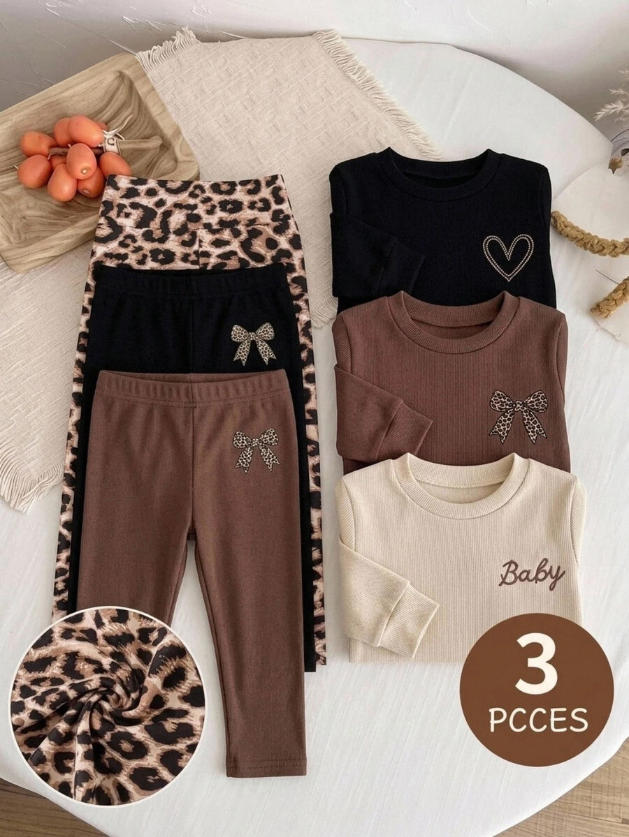 SHEIN Young Girl Knitted Solid Color Leopard Print Bow Pattern Fitted Casual Leggings 3 Pieces Set - Multicolor - View 1