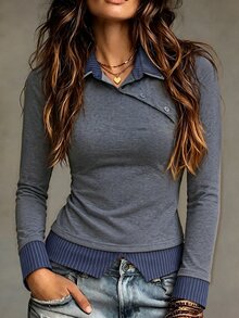 SHEIN Women's 2 In 1 Striped Lapel Short Long Sleeve Top, Asymmetric Diagonal Button Colorblock Patchwork Slim Fit Preppy Style Shirt - Dark Grey - View 2