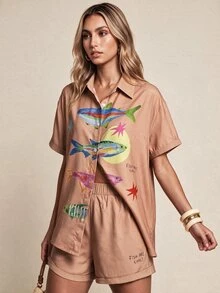 Vaclyn 女款魚紋短袖單排扣襯衫與短褲休閒波西米亞熱帶套裝，彩虹棕色，適合海灘度假夏季穿著 - 棕色 - 查看 2