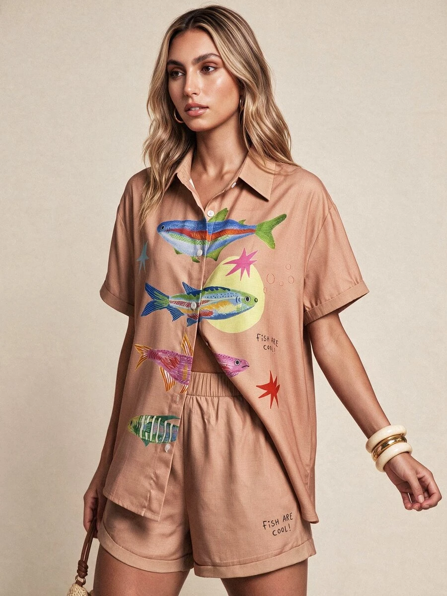 Vaclyn Women's Fish Pattern Short Sleeve Single-Breasted Shirt And Shorts Casual Boho Tropical Set Beach Vacation Rainbow Tan Summer - Brown - View 1