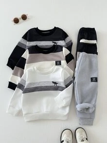 SHEIN Playful Pals 6件組幼兒男童運動衫慢跑褲套裝，可愛黑灰白恐龍條紋長袖圓領加厚戶外秋冬度假套裝 - 黑與白 - 查看 10