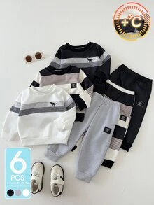 SHEIN Playful Pals 6件組幼兒男童運動衫慢跑褲套裝，可愛黑灰白恐龍條紋長袖圓領加厚戶外秋冬度假套裝 - 黑與白 - 查看 1