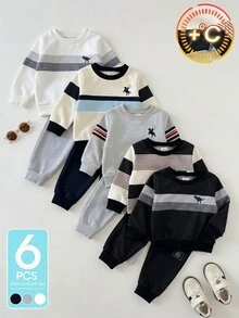 SHEIN Playful Pals 6件組幼兒男童運動衫慢跑褲套裝，可愛黑灰白恐龍條紋長袖圓領加厚戶外秋冬度假套裝 - 黑與白 - 查看 3