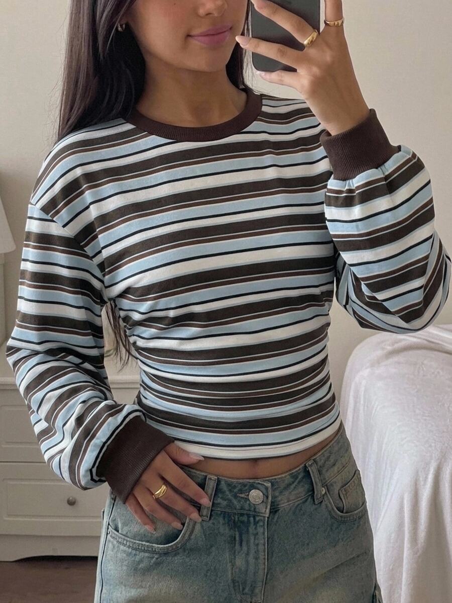 SHEIN Kids Tween Girl Tween Girls Tween Girl Fashion Elegant Casual Striped Pullover Autumn Sweatshirt - Multicolor - View 1