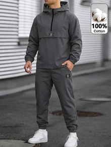 SHEIN Teen Boy 2pcs Teen Boy Casual Grey Half-Zip Hoodie With Woven Label And Solid Color Pants - Grey - View 6