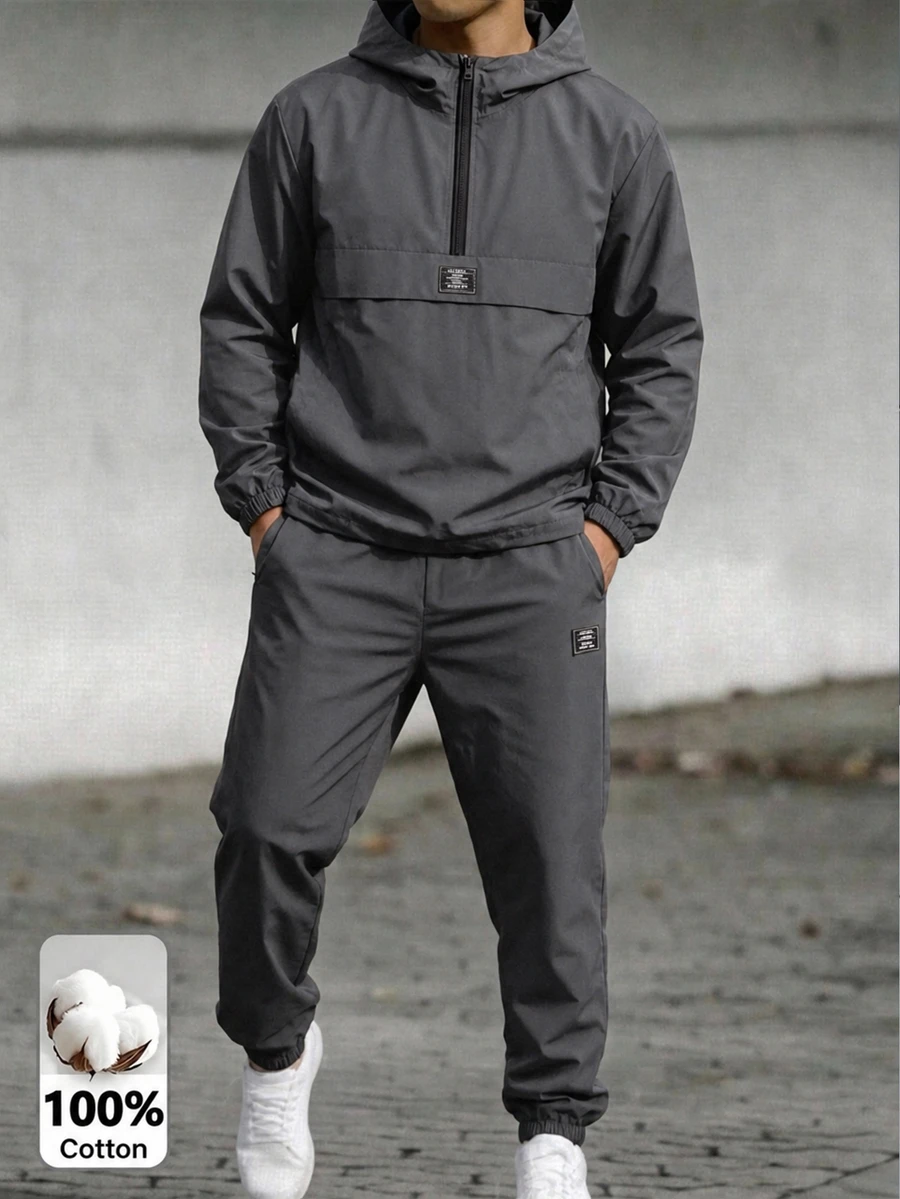 SHEIN Teen Boy 2pcs Teen Boy Casual Grey Half-Zip Hoodie With Woven Label And Solid Color Pants - Grey - View 1