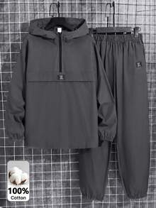 SHEIN Teen Boy 2pcs Teen Boy Casual Grey Half-Zip Hoodie With Woven Label And Solid Color Pants - Grey - View 4