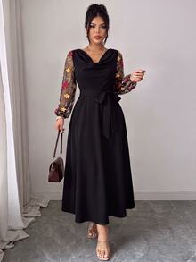 GlowEve CURVE Plus Size Women's Elegant Fashion Daily Commute Solid Color Patchwork Embroidered Mesh Waist-Cinching A-Line Dress With Cowl Neck Long Sleeves Fall - Black - View 8