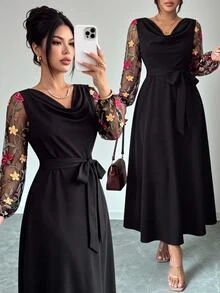 GlowEve CURVE Plus Size Women's Elegant Fashion Daily Commute Solid Color Patchwork Embroidered Mesh Waist-Cinching A-Line Dress With Cowl Neck Long Sleeves Fall - Black - View 4
