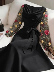 GlowEve CURVE Plus Size Women's Elegant Fashion Daily Commute Solid Color Patchwork Embroidered Mesh Waist-Cinching A-Line Dress With Cowl Neck Long Sleeves Fall - Black - View 5