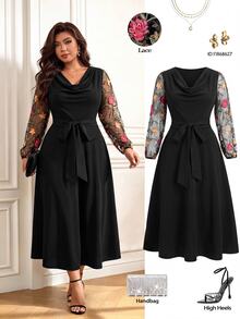 GlowEve CURVE Plus Size Women's Elegant Fashion Daily Commute Solid Color Patchwork Embroidered Mesh Waist-Cinching A-Line Dress With Cowl Neck Long Sleeves Fall - Black - View 2