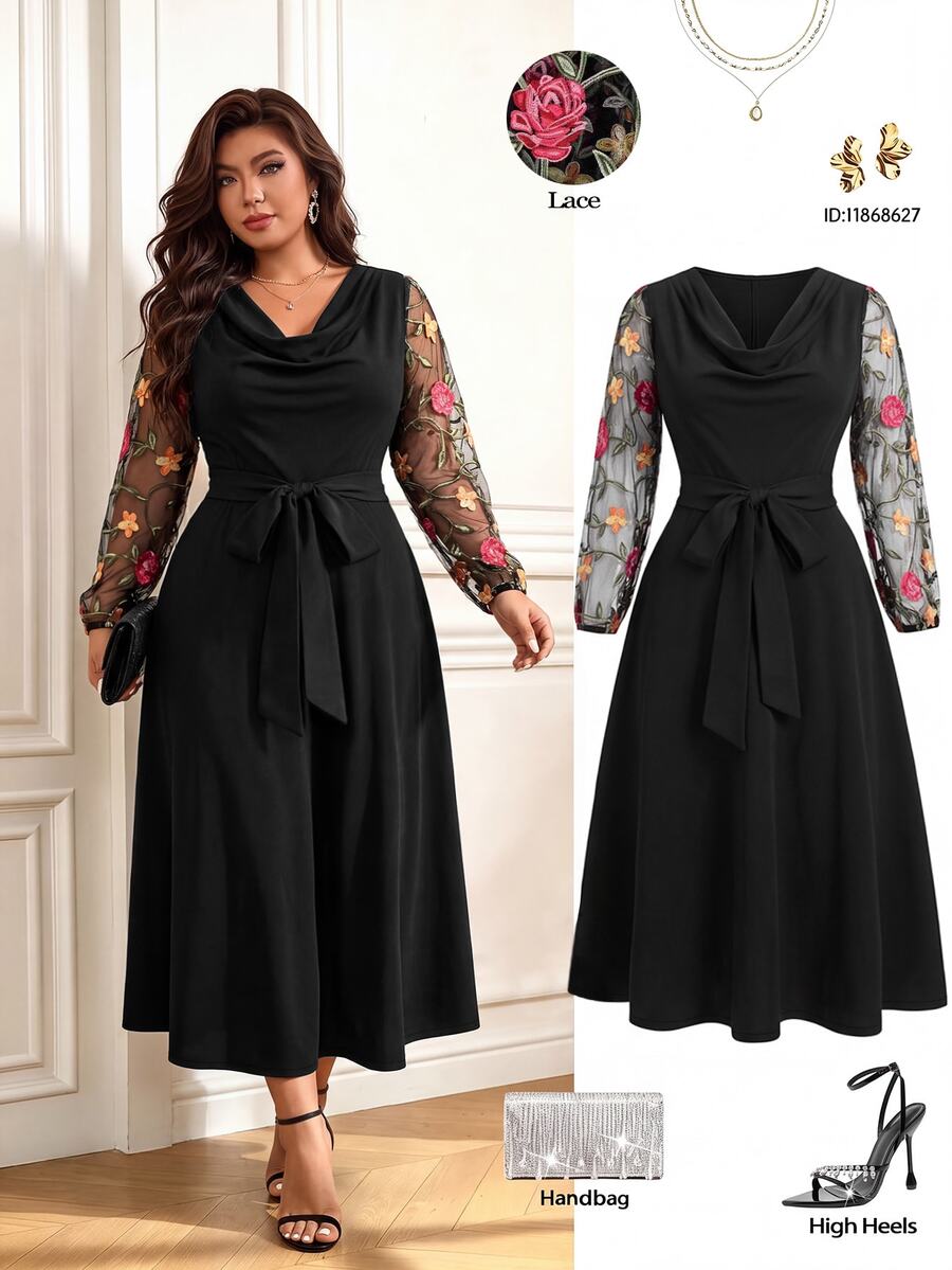 GlowEve CURVE Plus Size Women's Elegant Fashion Daily Commute Solid Color Patchwork Embroidered Mesh Waist-Cinching A-Line Dress With Cowl Neck Long Sleeves Fall