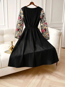 GlowEve CURVE Plus Size Women's Elegant Fashion Daily Commute Solid Color Patchwork Embroidered Mesh Waist-Cinching A-Line Dress With Cowl Neck Long Sleeves Fall - Black - View 3