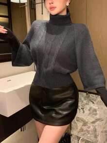 DAZY Dark Gray Cable Knit Crew Neck 2 In 1 Patchwork Loose Batwing Sleeve Long Sleeve Casual Knit Sweater - Grey - View 5