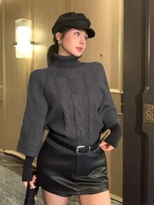 DAZY Dark Gray Cable Knit Crew Neck 2 In 1 Patchwork Loose Batwing Sleeve Long Sleeve Casual Knit Sweater - Grey - View 8