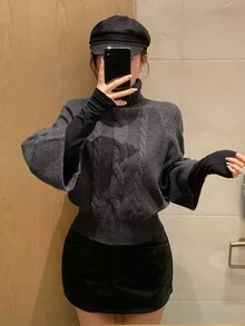 DAZY Dark Gray Cable Knit Crew Neck 2 In 1 Patchwork Loose Batwing Sleeve Long Sleeve Casual Knit Sweater - Grey - View 3