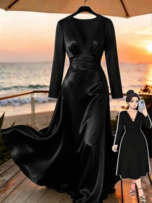 Femmeverse Gaun Wanita Ukuran Besar Warna Polos Kontras Renda Leher V Lengan Panjang Pinggang Berkerut Elegan Seksi untuk Pesta Musim Gugur Halloween Malam Hari Hitam - Hitam - View 5