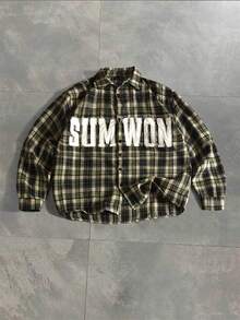 SUMWON Oversized Streetwear Grunge Plaid Flannel Shirt With Varsity Applique Lettering Long Sleeve Button Down Overshirt Autumn Essential Off Campus School - Green - View 1