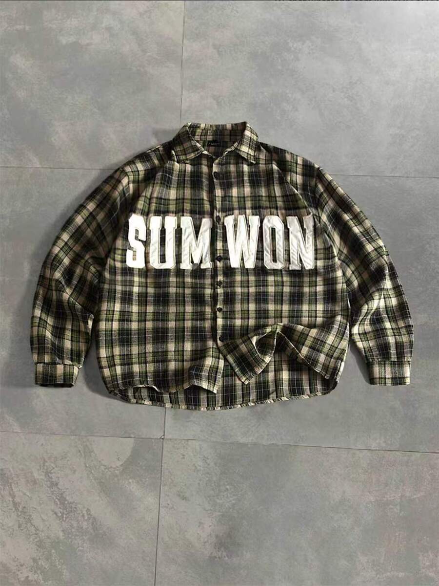 SUMWON Oversized Streetwear Grunge Plaid Flannel Shirt With Varsity Applique Lettering Long Sleeve Button Down Overshirt Autumn Essential Off Campus School - Green - View 1