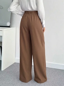 SHEIN Tall CURVE 大尺碼女款素色百褶寬腿寬鬆休閒長褲 - 駝色 - 查看 2