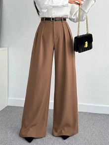 SHEIN Tall CURVE 大尺碼女款素色百褶寬腿寬鬆休閒長褲 - 駝色 - 查看 1