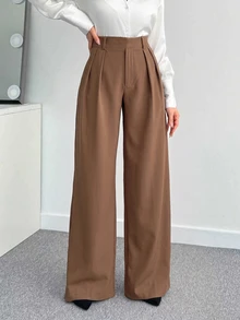 SHEIN Tall CURVE 大尺碼女款素色百褶寬腿寬鬆休閒長褲 - 駝色 - 查看 5