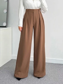 SHEIN Tall CURVE 大尺碼女款素色百褶寬腿寬鬆休閒長褲 - 駝色 - 查看 4