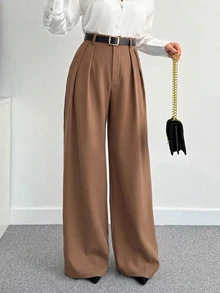 SHEIN Tall CURVE 大尺碼女款素色百褶寬腿寬鬆休閒長褲 - 駝色 - 查看 6
