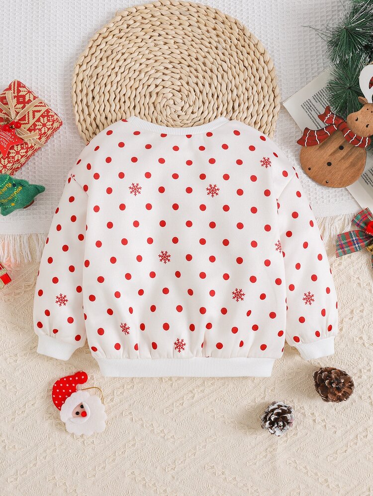 Baby Girls Sweatshirts Christmas Reindeer Polka Dot Bow Print Thick Crew Neck Long Sleeve Autumn Sweatshirt Family Matching - Red and White - View 3