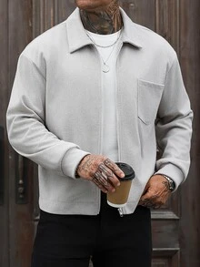 Manfinity CasualCool 男士老錢風休閒拉鍊單口袋大衣，人字紋面料，無內裡，適合秋季日常穿著 - 灰色 - 查看 7