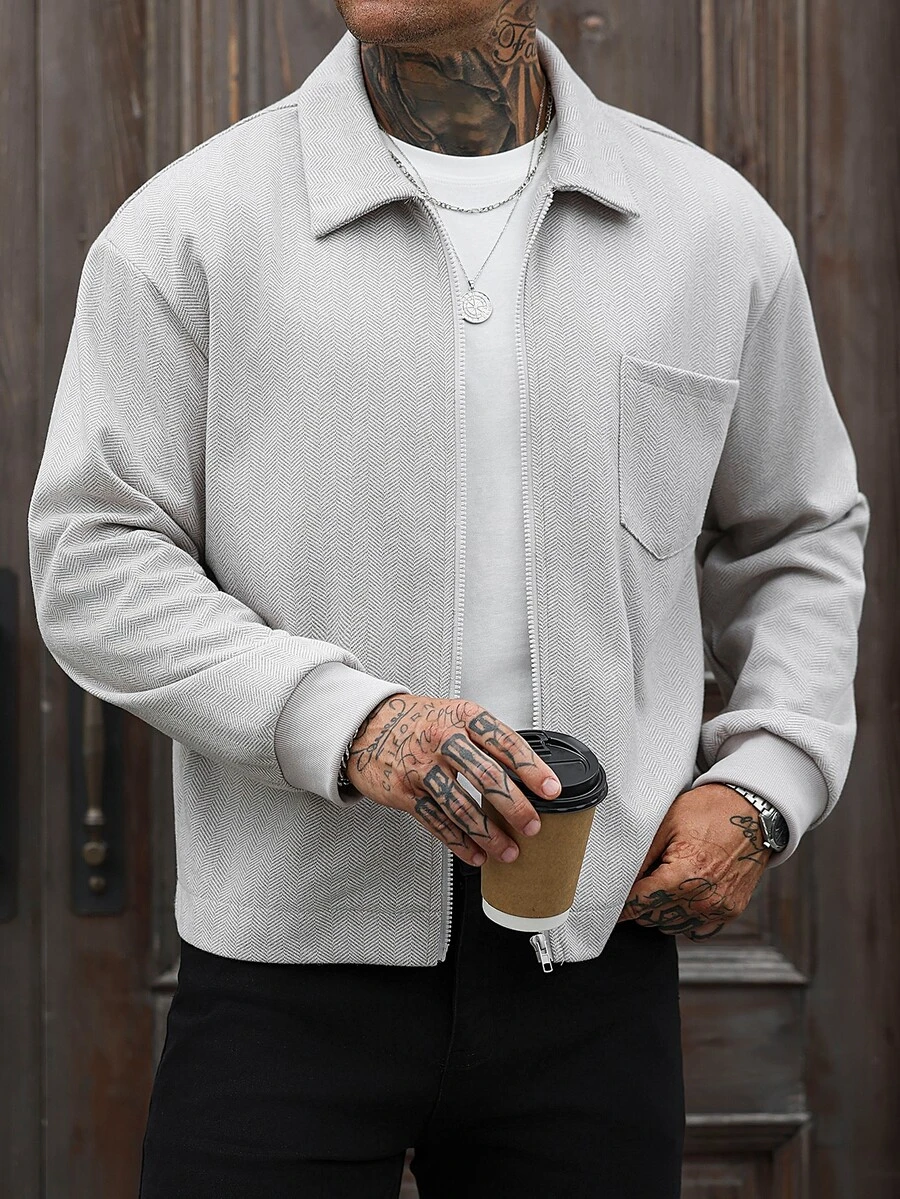 Manfinity CasualCool Men's Old Money Casual Zip-Up Single Pocket Overcoat, Herringbone-Patterned Fabric; Unlined, Making It Suitable For Everyday Autumn. - Grey - View 1
