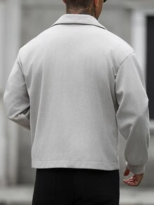 Manfinity CasualCool 男士老錢風休閒拉鍊單口袋大衣，人字紋面料，無內裡，適合秋季日常穿著 - 灰色 - 查看 2