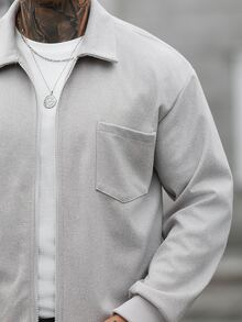 Manfinity CasualCool 男士老錢風休閒拉鍊單口袋大衣，人字紋面料，無內裡，適合秋季日常穿著 - 灰色 - 查看 4