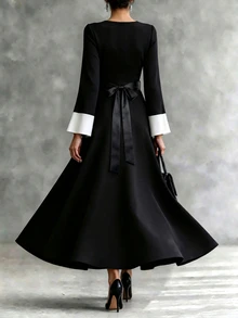 Celisse Pakaian Musim Gugur UNTUK Wanita: Gaun Panjang Pesta Kasual Colorblock Wanita - Hitam dan Putih - View 2