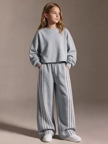 SHEIN بنطلون رياضي رمادي للبنات المراهقات مع تصميم مخطط، موضة كاجوال إبداعية وشخصية - رمادي - مشاهدة 4