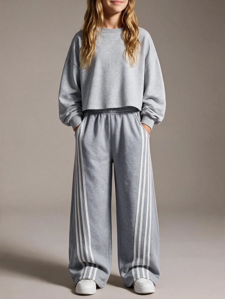 SHEIN Tween Girls Grey Sweatpants With Striped Design, Casual Fashion Creative Personalized - Grey - View 1
