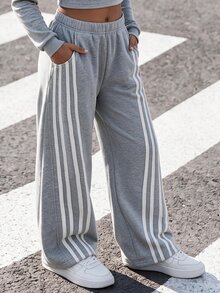 SHEIN بنطلون رياضي رمادي للبنات المراهقات مع تصميم مخطط، موضة كاجوال إبداعية وشخصية - رمادي - مشاهدة 1