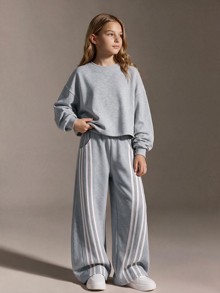 SHEIN 青少年女孩灰色條紋設計休閒運動褲，時尚創意個性款 - 灰色 - 查看 3