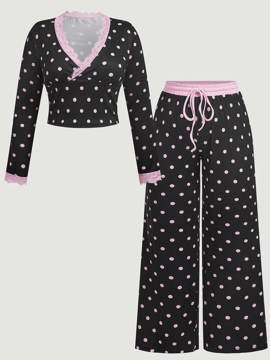 SHEIN MOD Plus Size Women Polka Dot Print Contrast Lace Long Sleeve Top And Wide Leg Pants 2pcs Set - Black - View 1