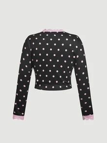SHEIN MOD Plus Size Women Polka Dot Print Contrast Lace Long Sleeve Top And Wide Leg Pants 2pcs Set - Black - View 8