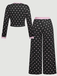 SHEIN MOD Plus Size Women Polka Dot Print Contrast Lace Long Sleeve Top And Wide Leg Pants 2pcs Set - Black - View 2