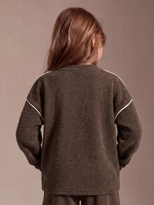 SHEIN 青少年女孩棕色條紋針織紋理長袖圓領套頭T恤上衣，適合學校與秋季穿搭，休閒萬聖節風格 - 棕色 - 查看 2