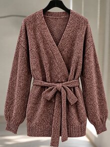 GlowEve CURVE Plus Size Women's Casual Lace-Up Loose Fit Cardigan Sweater - Chocolate Brown - View 3