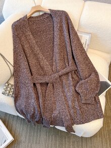 GlowEve CURVE Plus Size Women's Casual Lace-Up Loose Fit Cardigan Sweater - Chocolate Brown - View 4